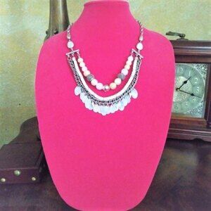 Layered Bib Statement Necklace Silver tone Faux Pearl Chain EUC